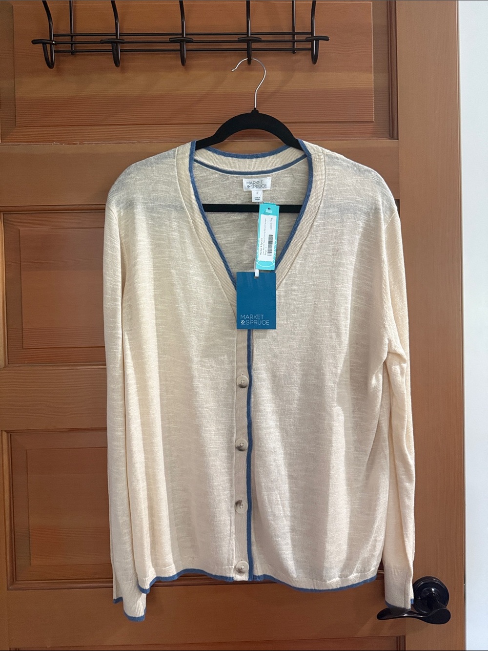 Market & Spruce Cream Cardigan with Blue Trim